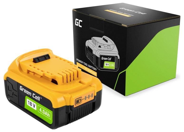 Vedľa čiernej a zelenej škatule je zobrazený oranžový napájací akumulátor pre náradie Green Cell, 18V 4.0Ah, s plastovou sponou.