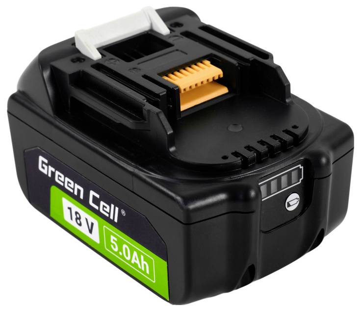 Čierny nabíjateľný akumulátor Green Cell 18V 5.0Ah s bielou západkou a oranžovými konektormi na vrchu, určený pre elektrické náradie.