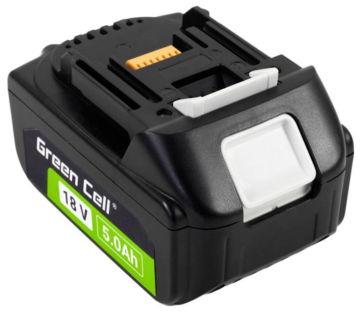 Čierny akumulátor 'Green Cell' 18V 5.0Ah lítiový, s bielym uvoľňovacím tlačidlom a oranžovým indikátorom nabíjania, určený pre elektrické náradie.