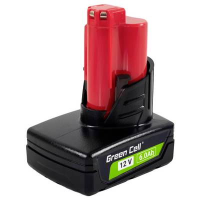 Červený a čierny akumulátor označený ako 'Green Cell 12V 6.0Ah', určený pre elektrické náradie, je zobrazený vo vzpriamenej polohe s viditeľnými kontaktmi.
