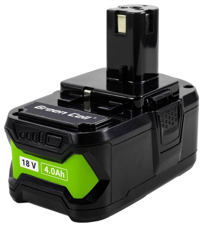 Čierny a zelený akumulátor 18V 4.0Ah s označením 'Green Cell', určený pre elektrické náradie, s robustným krytom a pripájacími kontaktmi.