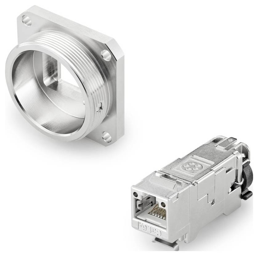 RJ45 prietahová spojka a zástrčkový adaptér.