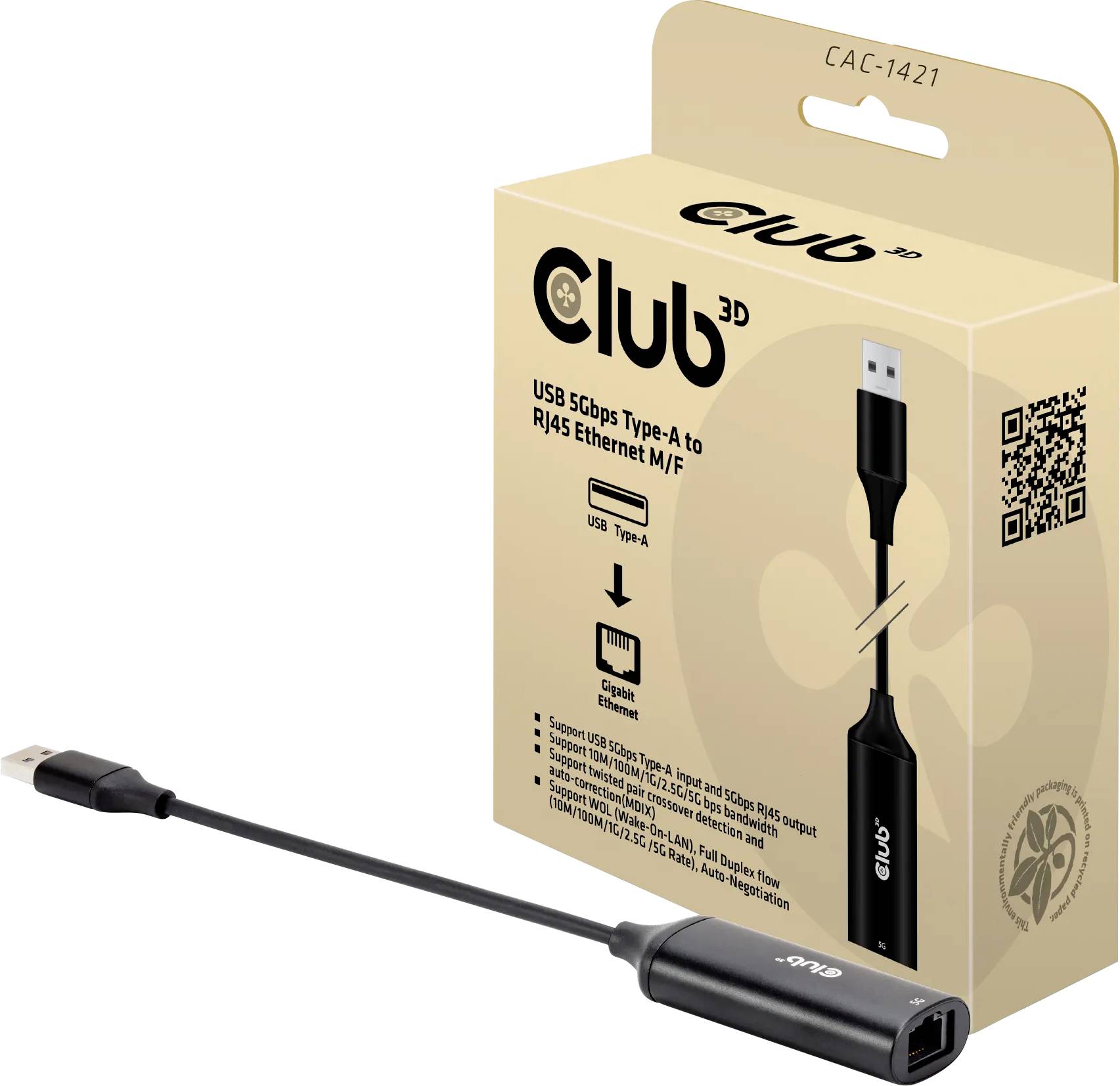 'USB 5Gbps Type-A na RJ45 Ethernet M/F' adaptér vedľa jeho obalu. Škatuľa zobrazuje obrázok produktu, názov a technické špecifikácie.