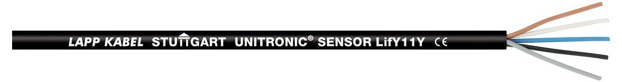'UNITRONIC SENSOR LiYY viacžilový kábel od Lapp Kabel, Stuttgart, s odhaleným farebnými vodičmi na jednom konci.'