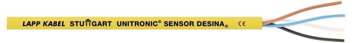 Žltý kábel označený ako 'Lapp Kabel Stuttgart UNITRONIC SENSOR DESINA' so značkou CE; má päť farebných vodičov vybiehajúcich z jedného konca.