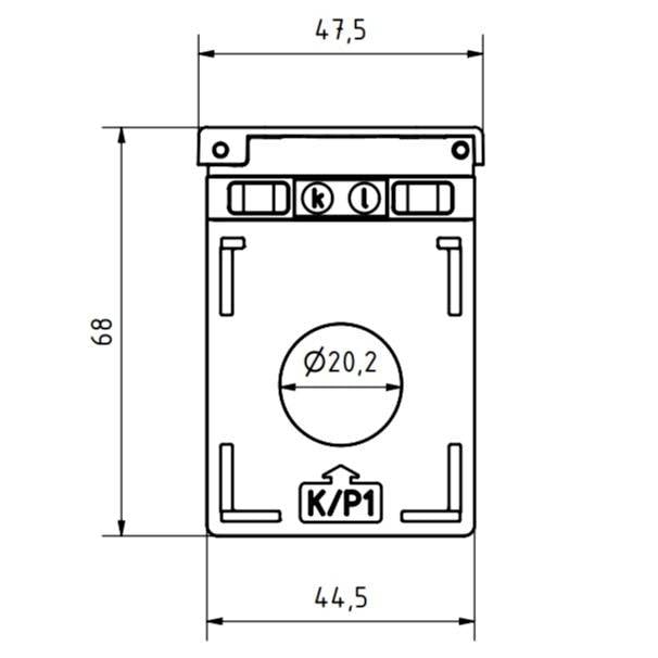 Technický výkres obdĺžnikového zariadenia s rozmermi 47,5 mm × 68 mm. Kružnica s priemerom Ø20,2 je vycentrovaná a označená štítkom „K/P1".