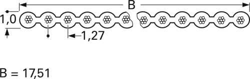 Diagram zvlnenej čiary s kvetinovými vzormi vo vnútri. Zobrazuje šírku označenú ako 'B' s hodnotou 17,51 a rôzne označené úseky s meraniami 1,0 a 1,27.