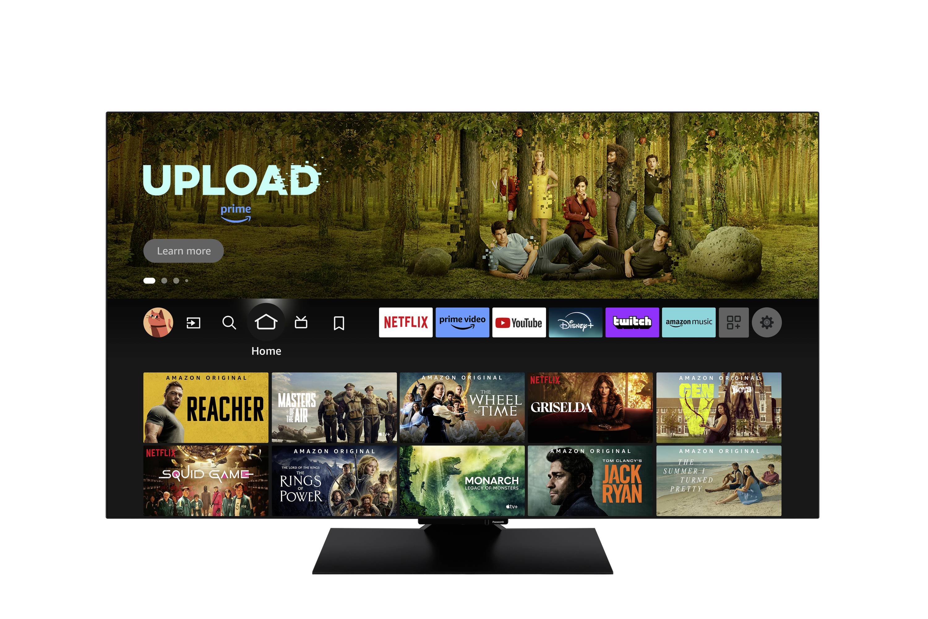 Televízna obrazovka zobrazujúca rozhranie streamovacej služby s miniaturkami seriálov ako 'Upload' a ikonami platforiem ako Netflix a Disney+.
