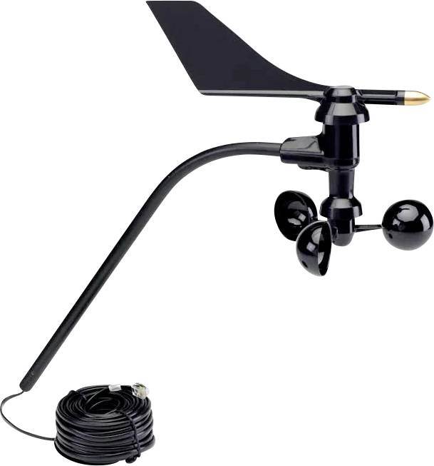 Čierny anemometer s tromi miskami a smerovkou, určený na meranie rýchlosti a smeru vetra, s navinutým káblom.