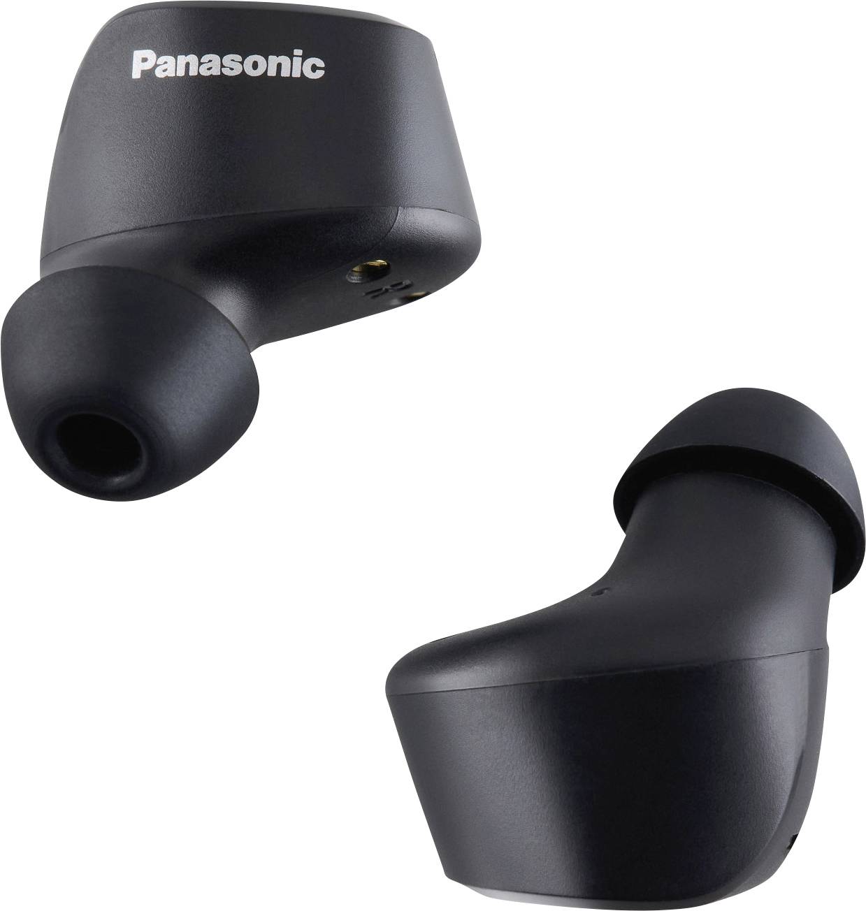 Čierne slúchadlá Panasonic s ergonomickým dizajnom sú zobrazené z rôznych uhlov, pričom zvýrazňujú ich tvar a značku.