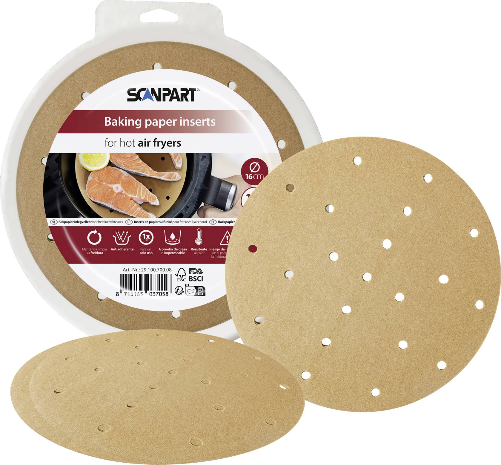 "Scanpart Pečný papier do horkovzdušnej fritézy, 16 cm." Dva kruhovité hnedé papierové vložky s otvormi, balenie v pozadí.