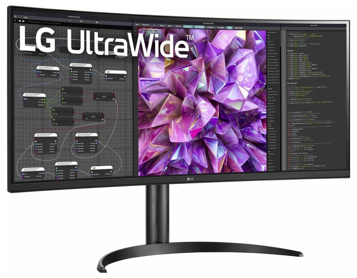 Zakrivený monitor zobrazujúci prostredie softvérového vývoja s kódom, vývojovým diagramom a fialovým geometrickým vzorom. Značka LG UltraWide.