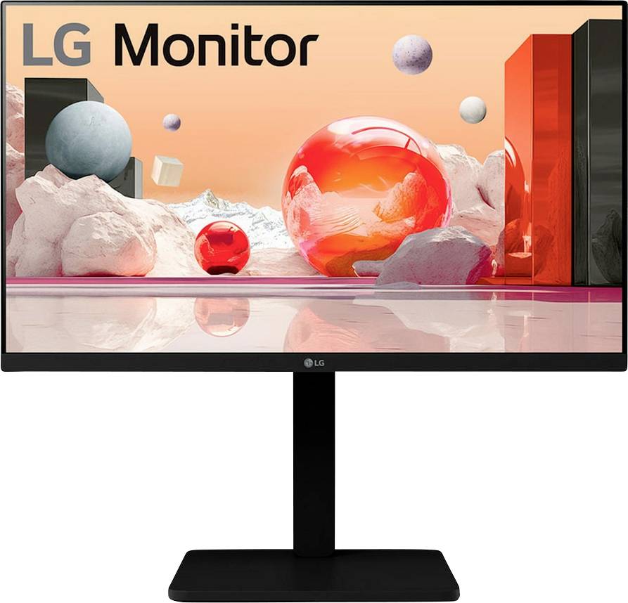 Monitor zobrazujúci digitálne umenie s voľne sa pohybujúcimi sférami a abstraktnými tvarmi na oranžovom pozadí.