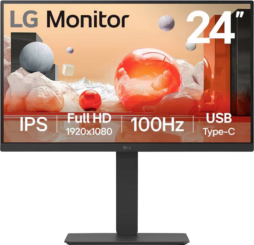 Monitor LG 24", IPS, Full HD 1920x1080, 100 Hz, USB Type-C, zobrazený na červeno-bielom sférickom grafickom pozadí.