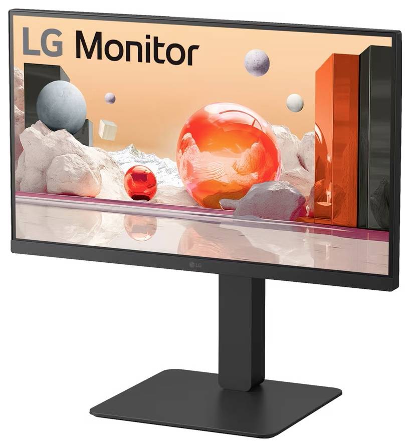 Monitor LG zobrazujúci jasné, abstraktné 3D umenie s vznášajúcimi sa sférami a geometrickými tvarmi vo futuristickom prostredí.