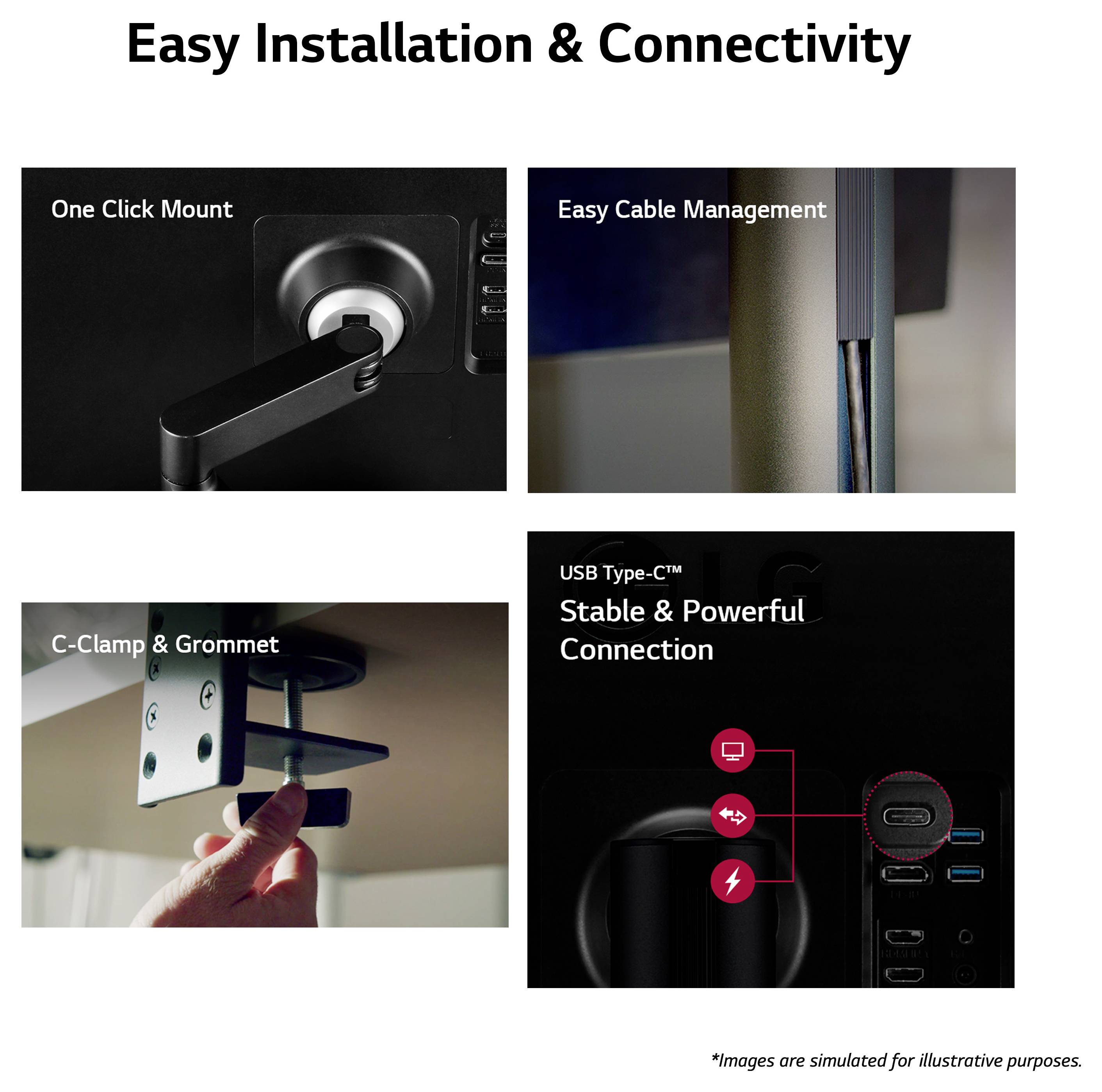 Funkcie 'Ľahká inštalácia a pripojiteľnosť': Montáž jedným kliknutím, Jednoduché vedenie káblov, C-svorka a priechodka, Pripojenie USB Type-C™.