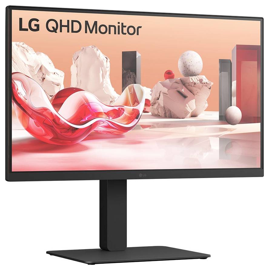 Monitor LG QHD zobrazujúci digitálnu umeleckú scénu s abstraktnými formami a jemnými farbami na gradientnom broskyňovom pozadí.
