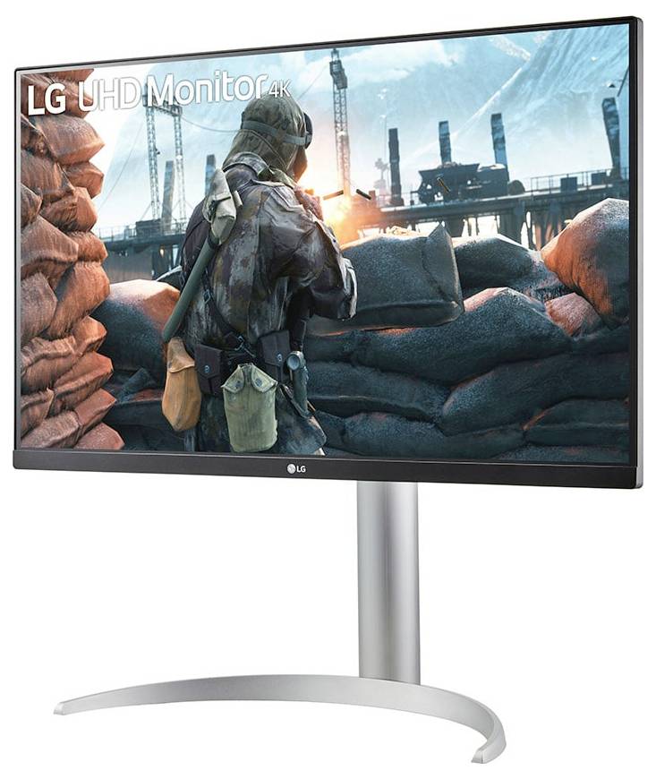Monitor zobrazujúci hernú scénu so vojakom v zasneženej priemyselnej krajine. Text znie "LG UHD Monitor 4K".