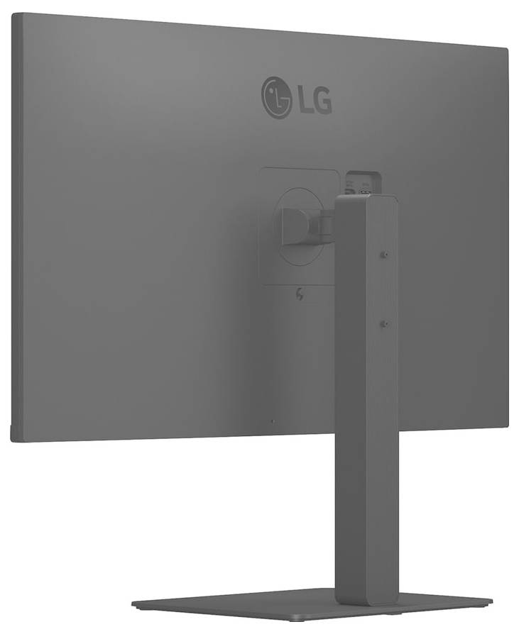 Zadný pohľad na počítačový monitor značky LG na stojane, ktorý zobrazuje zadný panel a nastaviteľnú konštrukciu stojanu.