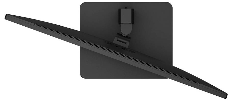 Pohľad zhora na tenký, čierny počítačový monitor s obdĺžnikovým podstavcom, ktorý poukazuje na jeho štíhly dizajn a nastaviteľný mechanizmus pántu.