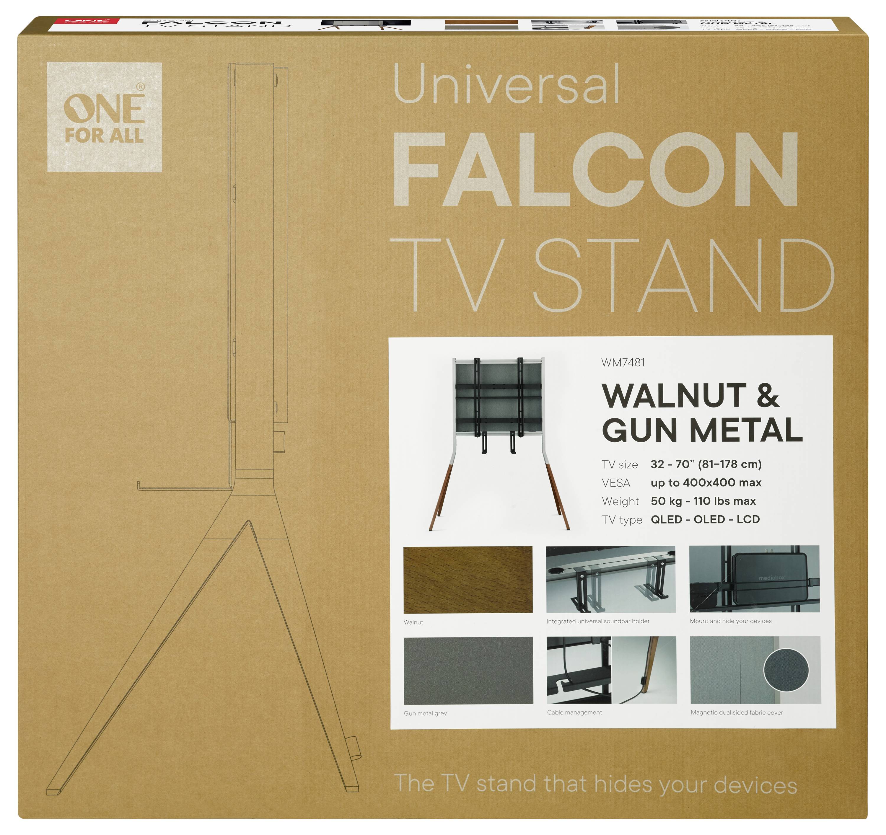 Obal zobrazuje stojan na televízor 'Universal Falcon' od spoločnosti 'One For All', vhodný pre televízory s veľkosťou 32-70 palcov, s VESA upevnením do 400x400 mm. Má povrchovú úpravu v odtieňoch orecha a tmavého kovu.