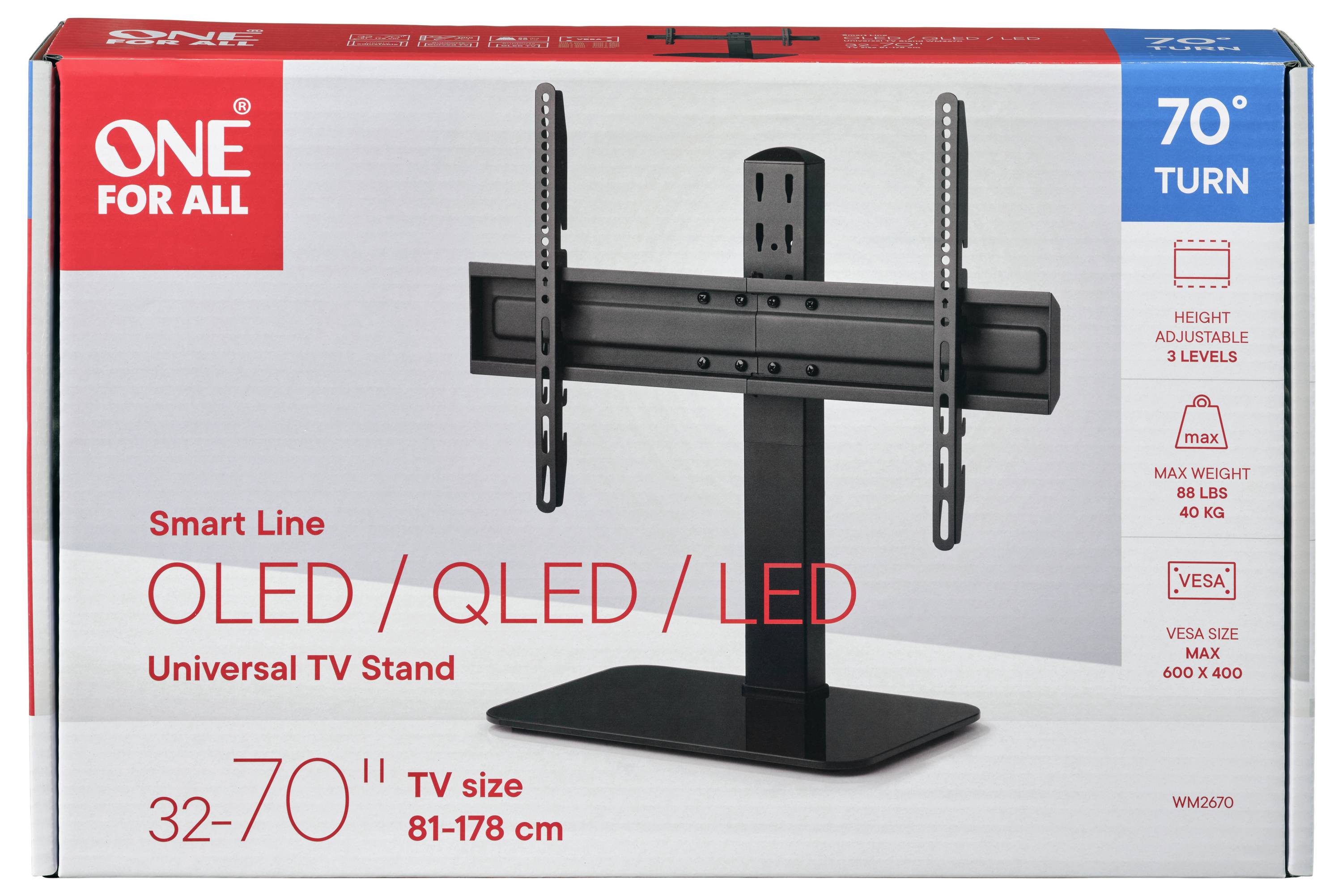 Škatuľa zobrazuje stojan na TV 'One For All' pre OLED/QLED/LED televízory s uhlopriečkou 32-70 palcov, výškovo nastaviteľný v 3 úrovniach, VESA max 600 x 400.