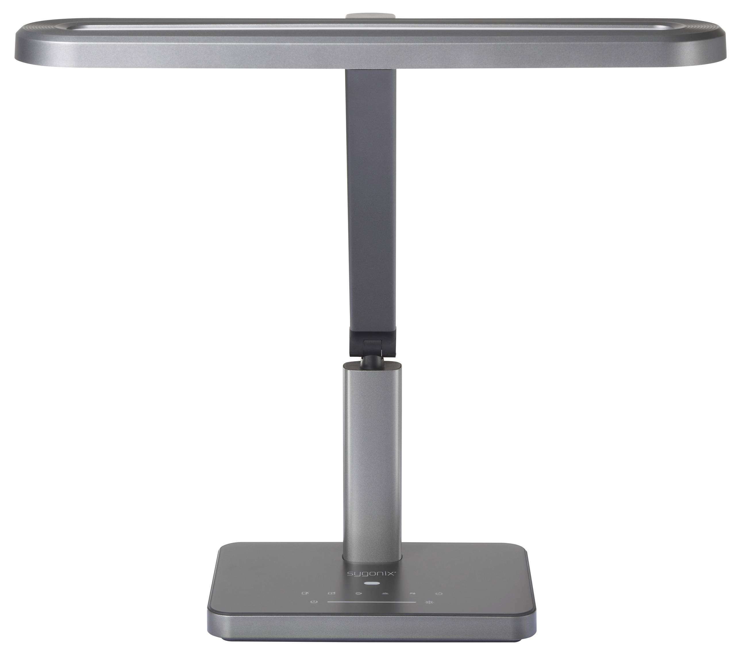 Moderná sivá stolná lampa s plochým, obdĺžnikovým tienidlom a dotykovým ovládačom, navrhnutá pre nastaviteľné osvetlenie v pracovných priestoroch.