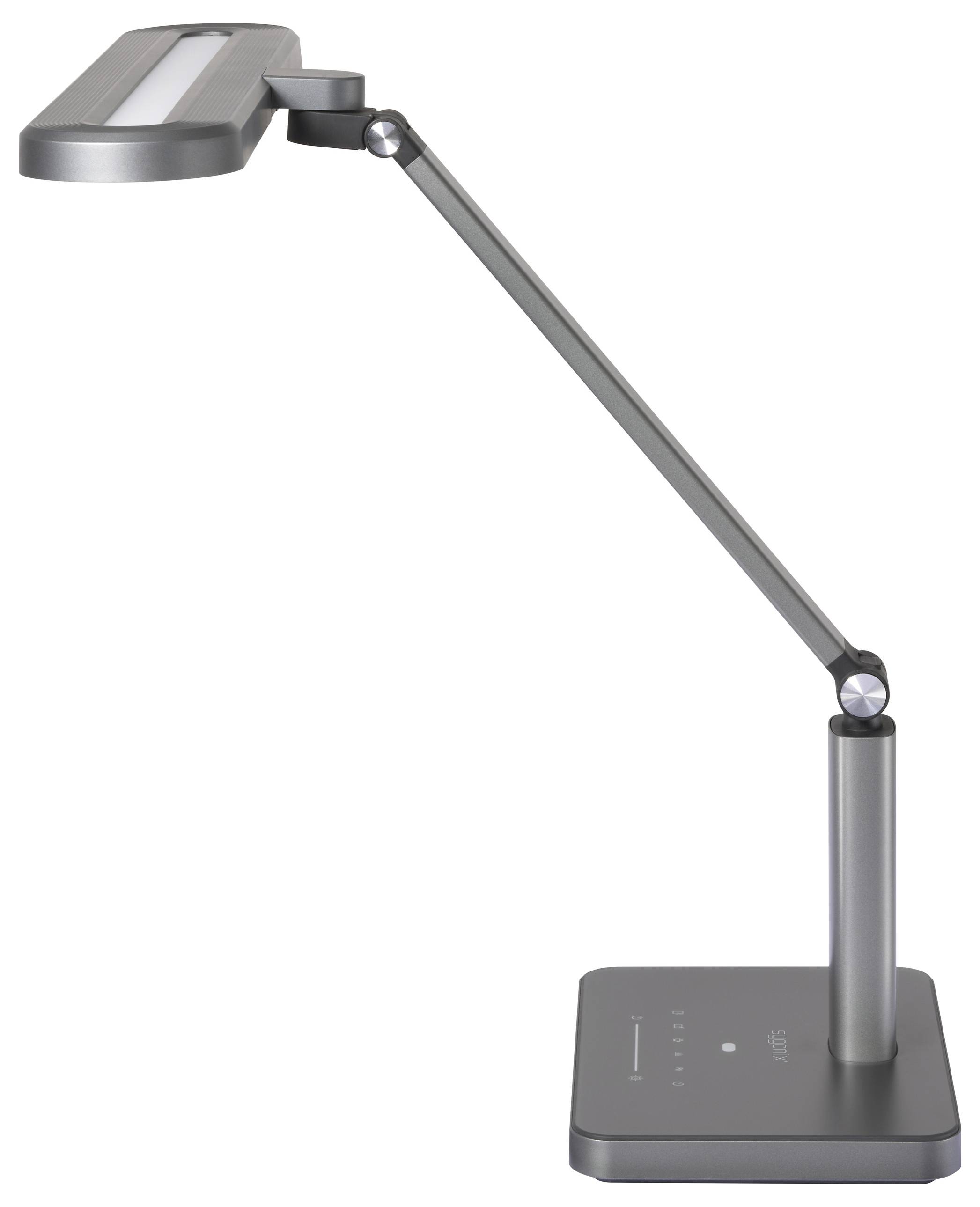 Štíhla, moderná stolná lampa s nastaviteľným ramenom a obdĺžnikovou svetelnou hlavicou, umiestnená na pevnom, plochom podstavci.