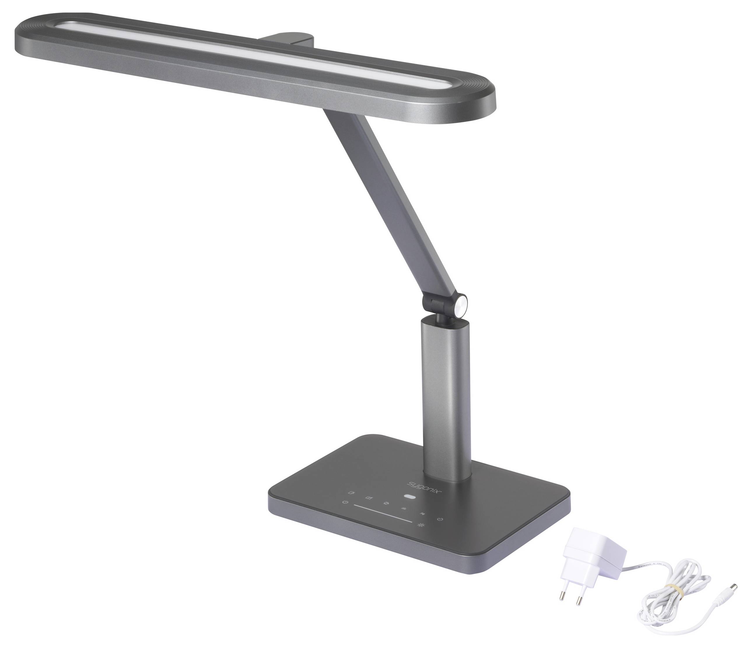 Moderná, nastaviteľná sivá stolná lampa s dotykovými ovládačmi na základni, sprevádzaná napájacím adaptérom, umiestnená na jednoduchom pozadí.