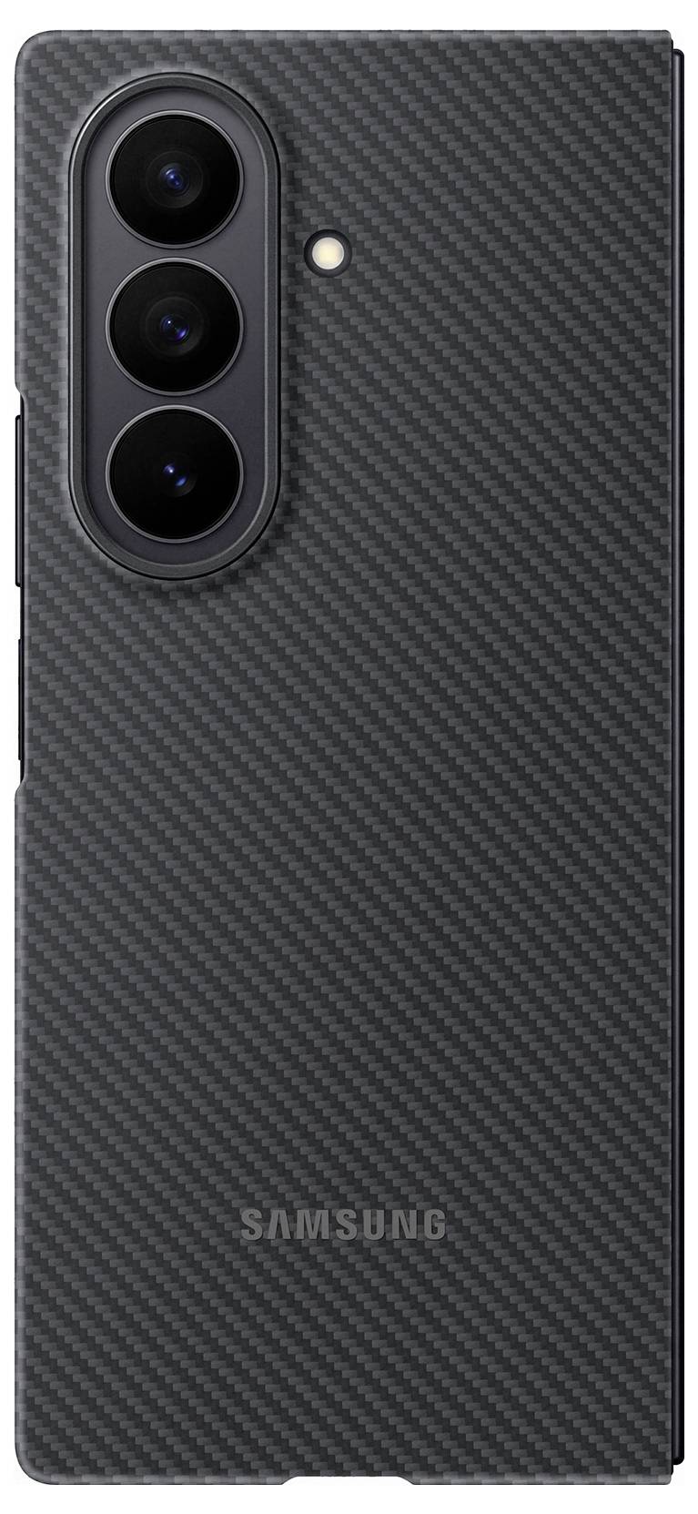 Zadná strana smartfónu Samsung s textúrovaným čiernym krytom, s tromi šošovkami fotoaparátu a LED bleskom usporiadanými vo zvislej línii.