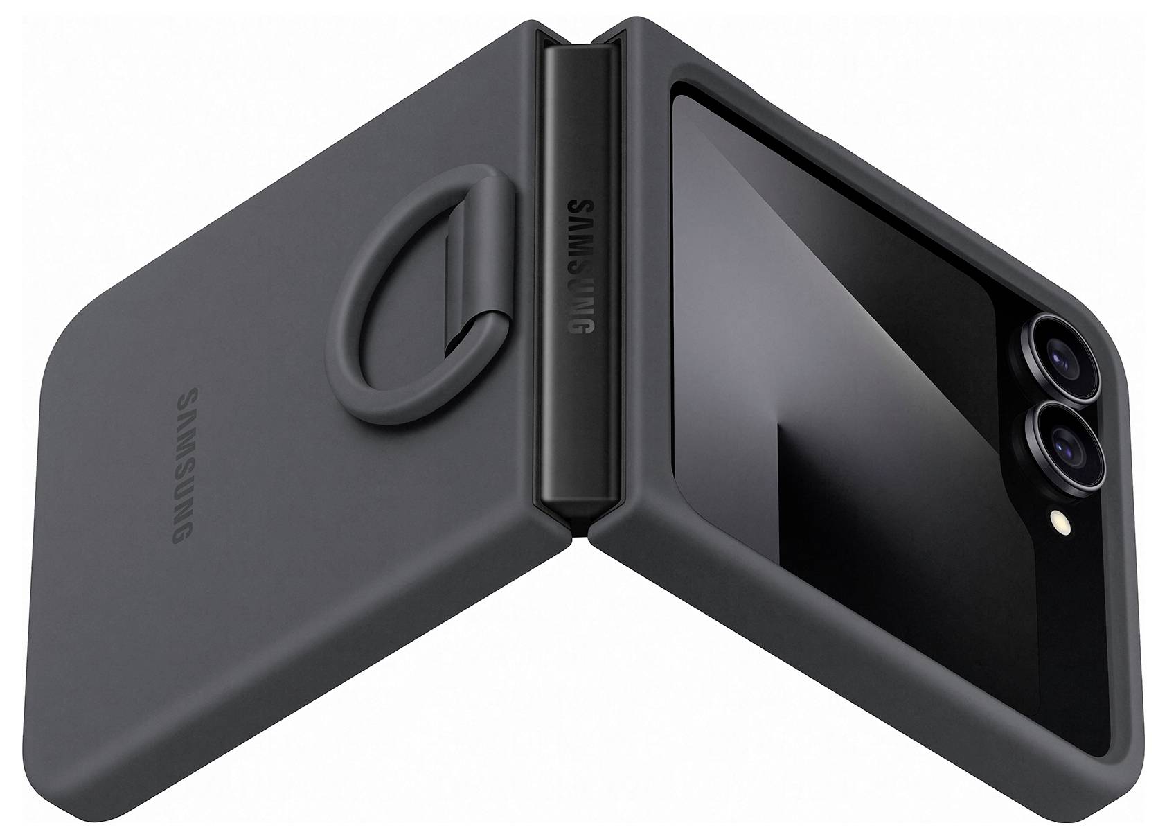 Čierny skladací smartfón čiastočne zložený, zobrazujúci duálny zadný fotoaparát a logo Samsung na pante.