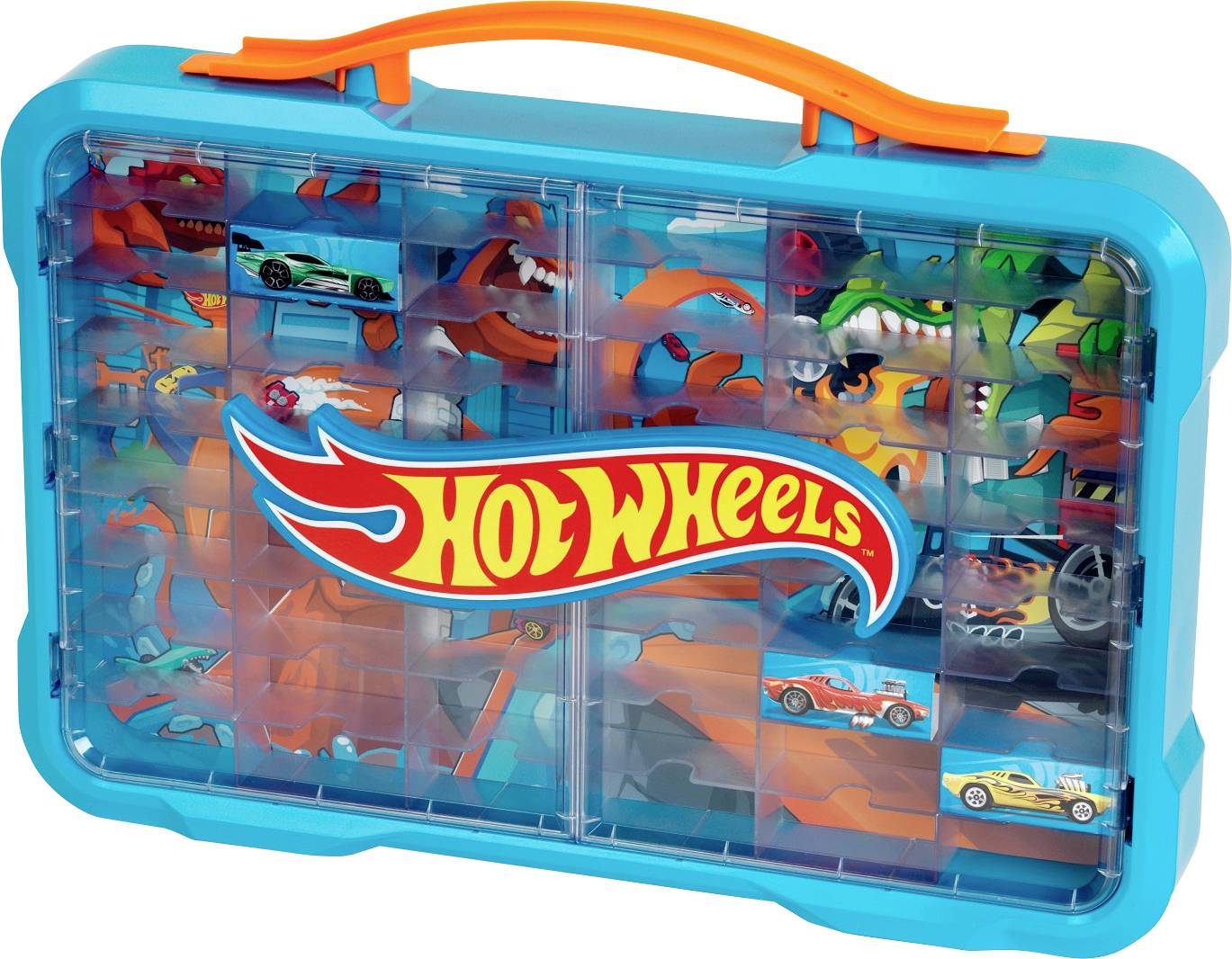Modrý úložný box s oranžovou rukoväťou, označený nápisom 'Hot Wheels', obsahujúci farebné autíčka a príslušenstvo, viditeľný cez priehľadný predný panel.