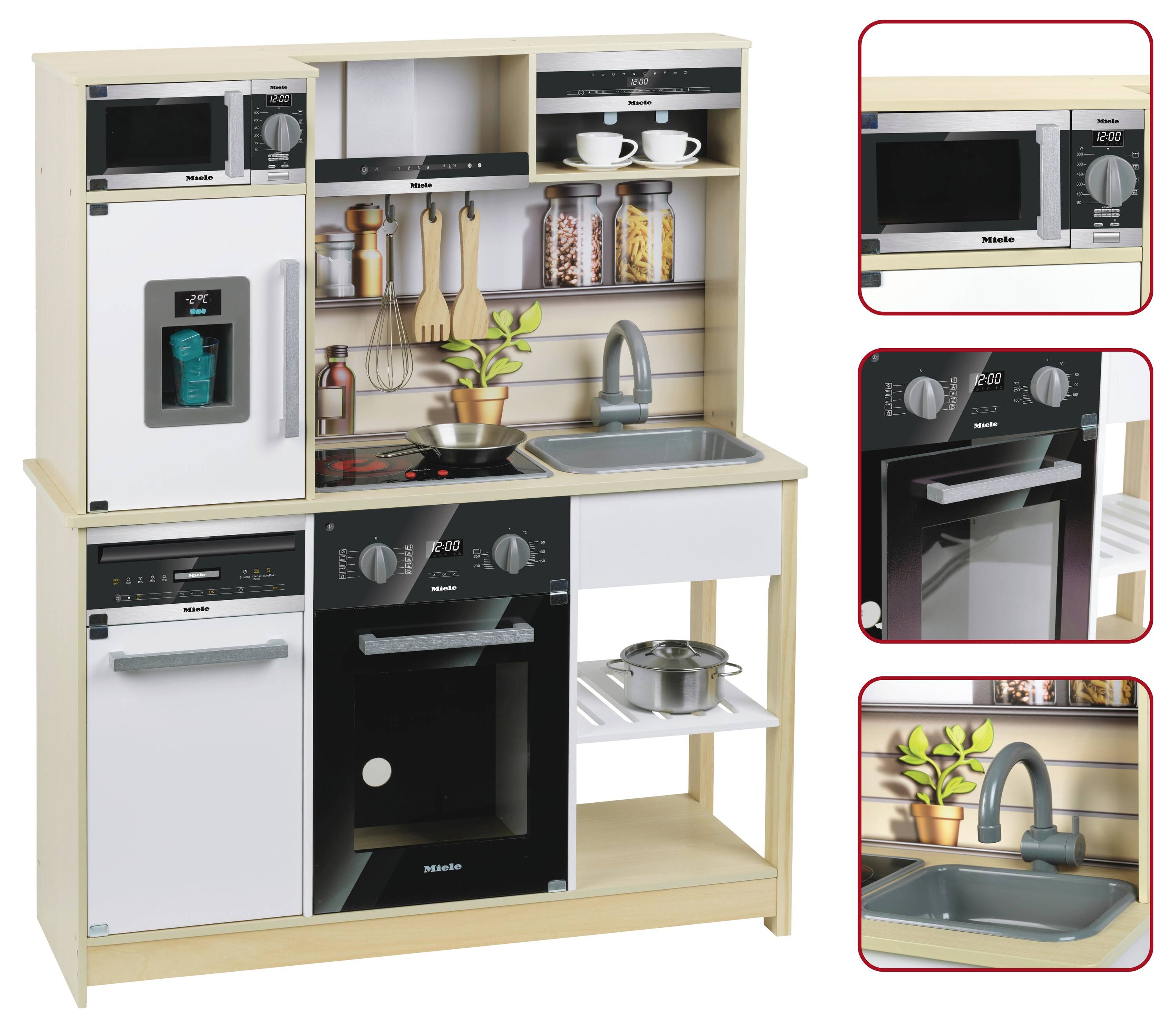 Detská kuchynka so spotrebičmi vrátane sporáka, rúry, chladničky a drezu. Súčasťou sú úložné police a háčiky na kuchynské náčinie.