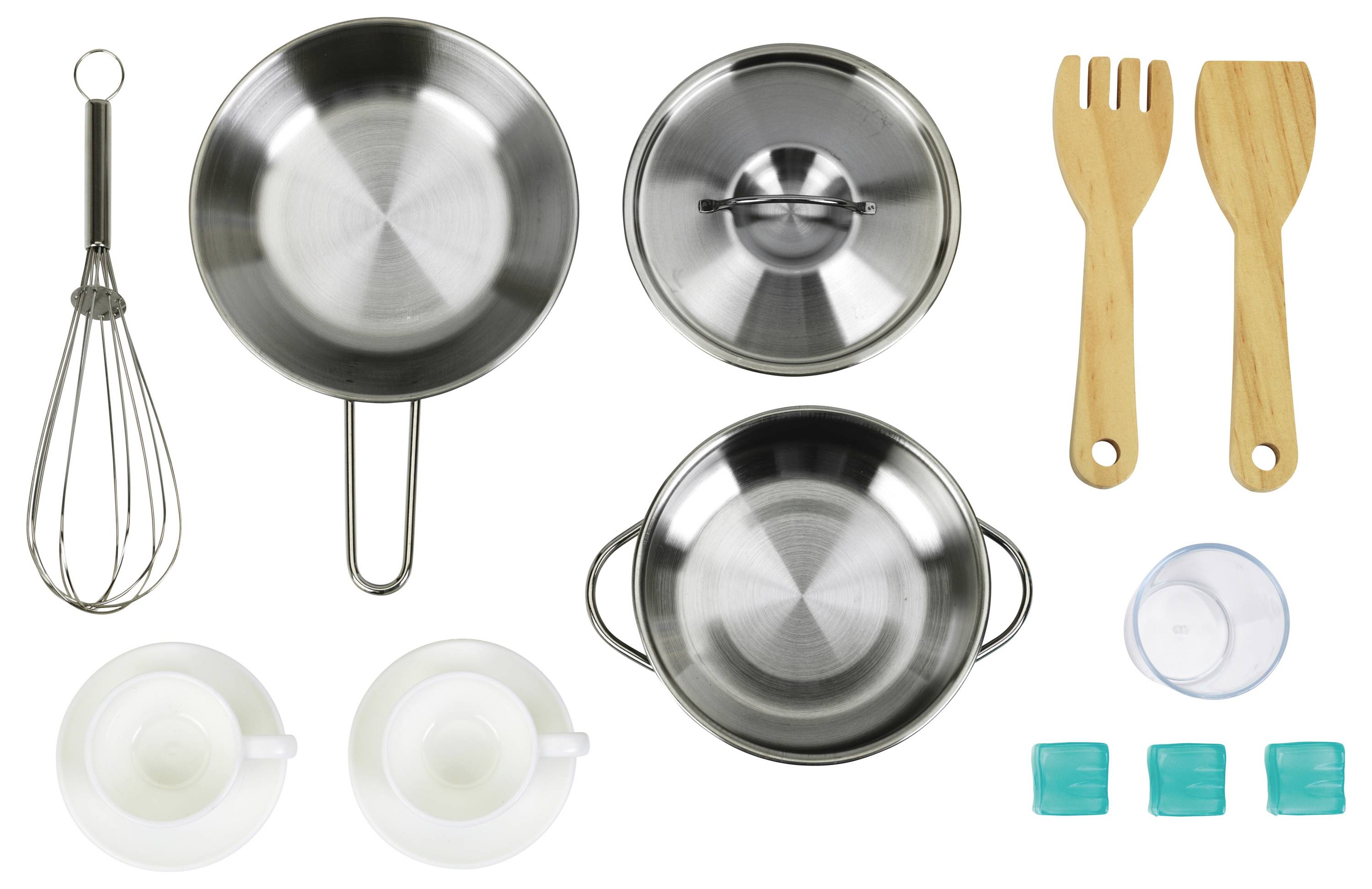 Súprava kuchynského riadu pozostávajúca z dvoch panvíc, jednej s pokrievkou, metličky, drevených kuchynských nástrojov, dvoch šálok s podšálkami, dvoch malých misiek a troch nádob.