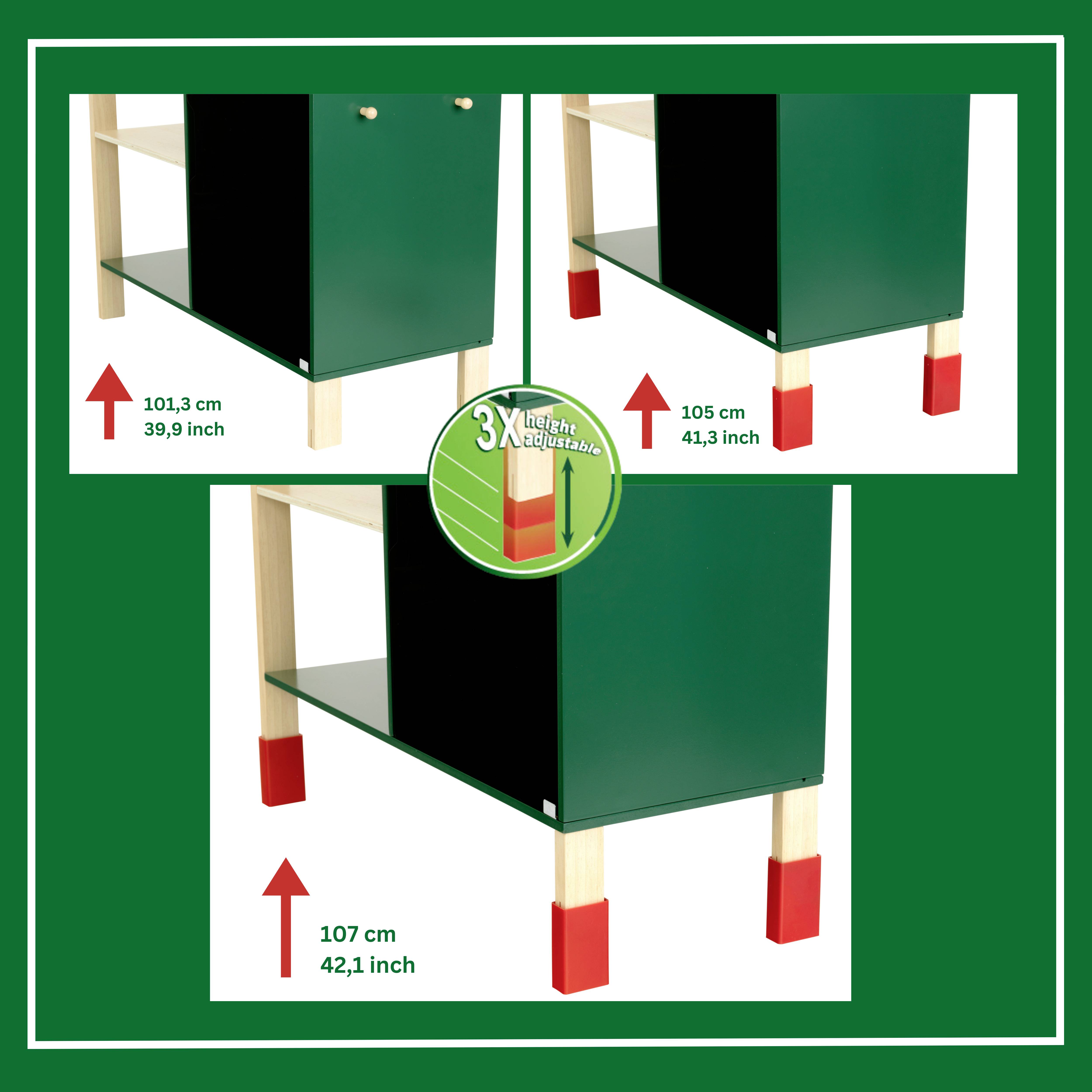 Tri obrázky zobrazujúce zelenú police s červenými nožičkami, ktoré naznačujú možnosti nastaviteľnej výšky 101,3 cm, 105 cm a 107 cm.