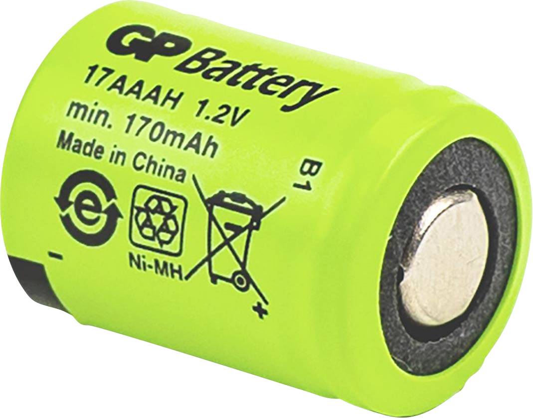 Zelená GP batéria, veľkosť 17AAAH, 1,2V, 170mAh, vyrobená v Číne, s ikonami recyklácie a likvidácie, typ Ni-MH.