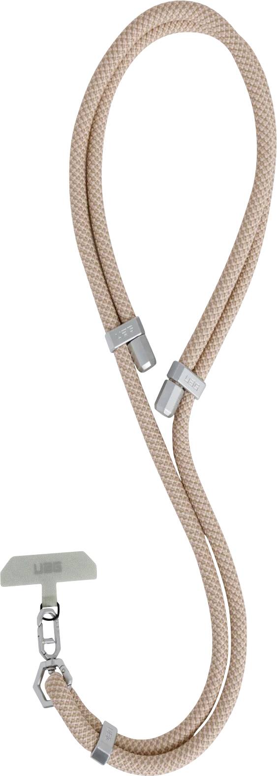Béžová lanyard zo šnúry s kovovým klipom na pripevňovanie predmetov. Lanyard má kovové doplnky a obdĺžnikový kovový prvok v blízkosti klipu.