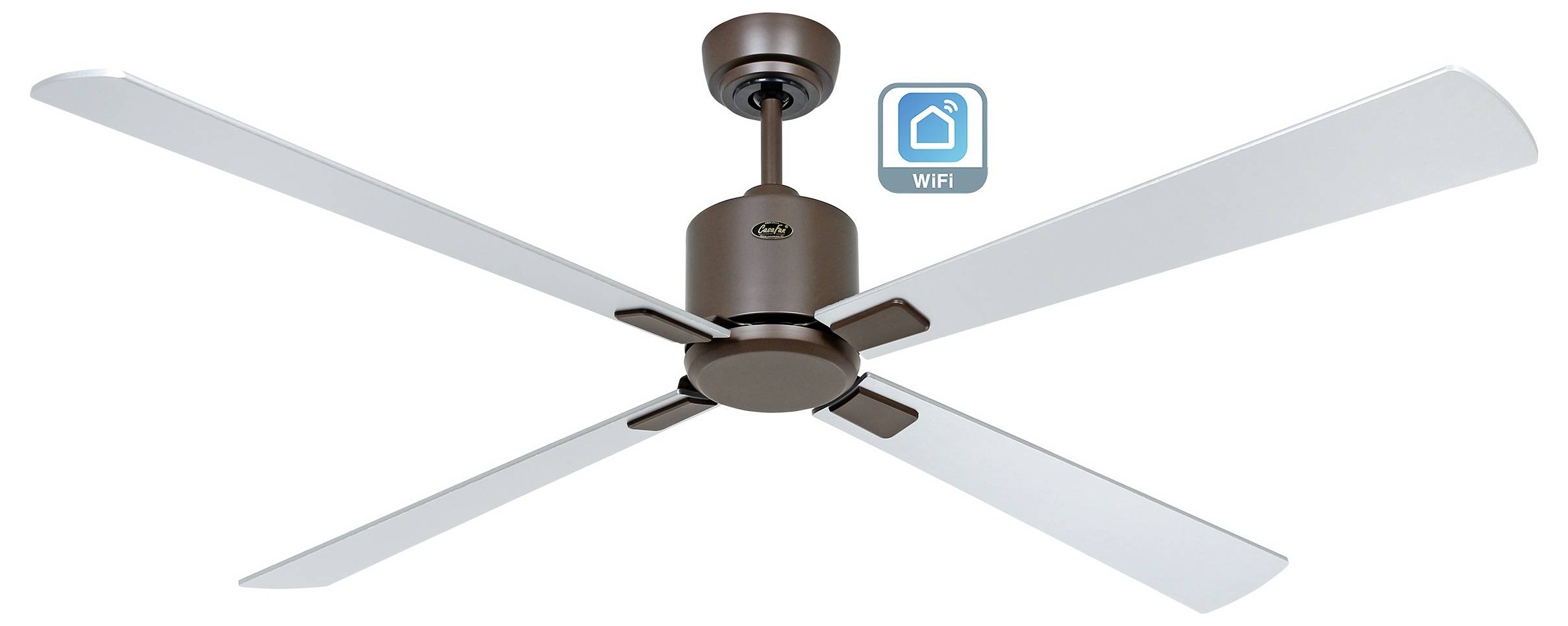 Stropný ventilátor so štyrmi bielymi lopatkami a symbolom WiFi ovládania, označujúci pripojenie k inteligentnej domácnosti.
