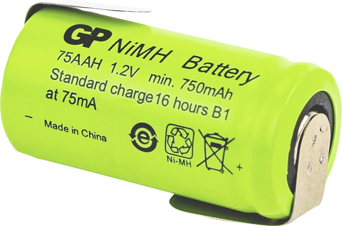 Valcový NiMH akumulátor s označením '75AAH 1.2V, 750mAh'. Text obsahuje: 'Štandardné nabíjanie 16 hodín pri 75mA'. Vyrobené v Číne.