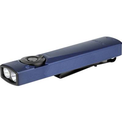 Modrá prenosná baterka s klipom, vybavená dvomi LED svetlami a vypínačom na vrchu.
