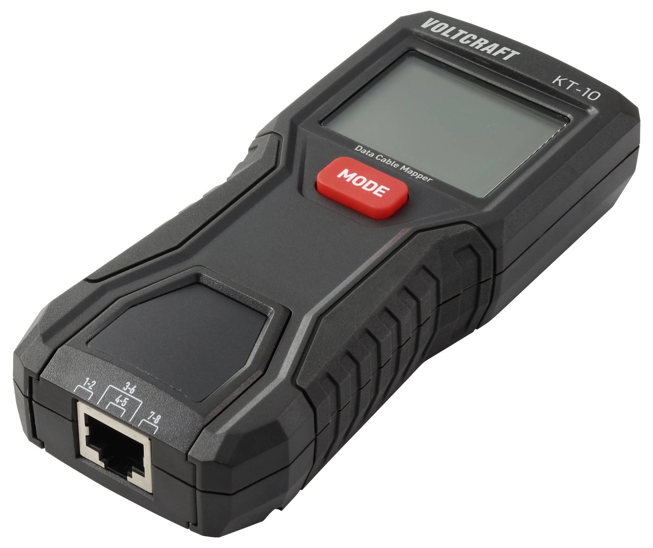 Ručný káblovací tester so schwarzným vonkajším povrchom a červeným tlačidlom 'MODE', ktorý má ethernetový port v spodnej časti na testovanie káblov.