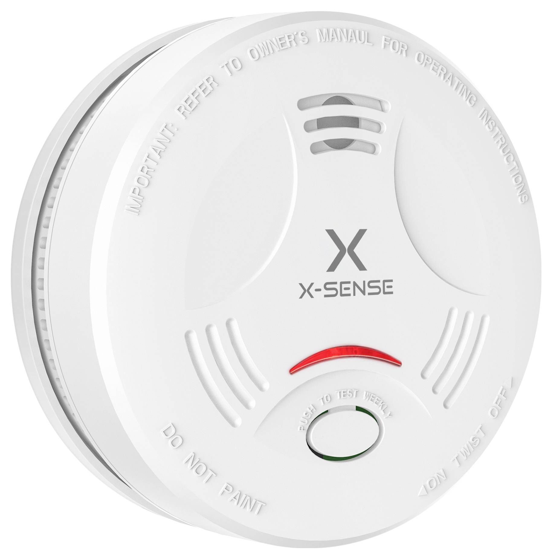 Biely detektor dymu so značkou "X-Sense", testovacím tlačidlom a vetracími otvormi. Obsahuje text: "NEMAĽOVAŤ" a prevádzkové pokyny.