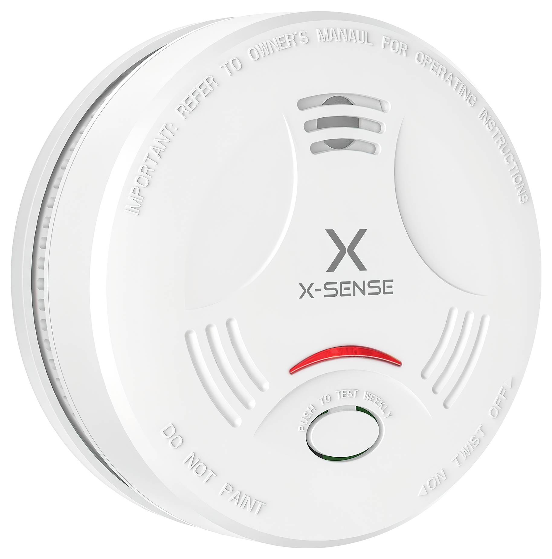 Detektor dymu 'X-Sense' s tlačidlom 'Test/Stíšenie', kruhovým dizajnom a vetracími otvormi. Viditeľné pokyny na konzultáciu návodu na obsluhu.