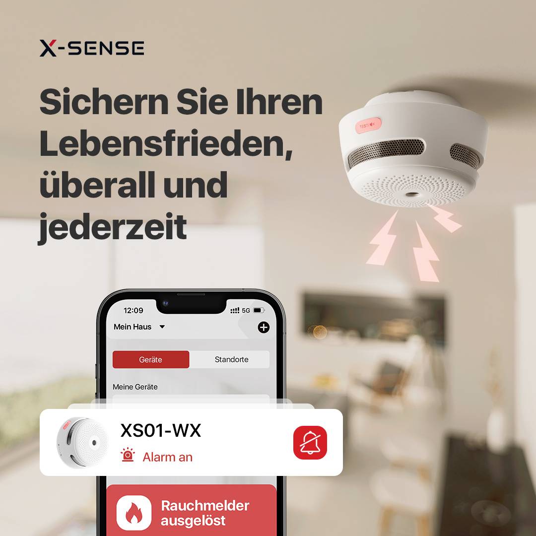 Detektor dymu a smartfón. Text: 'Zabezpečte si svoj životný pokoj, kdekoľvek a kedykoľvek'. Detektor dymu XS01-WX vysiela poplach.