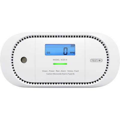 Alarm oxidu uhoľnatého zobrazuje '0 PPM' s testovacím tlačidlom a modelom XC01-R. Zelené svetlo signalizuje napájanie; deteguje hladiny oxidu uhoľnatého.