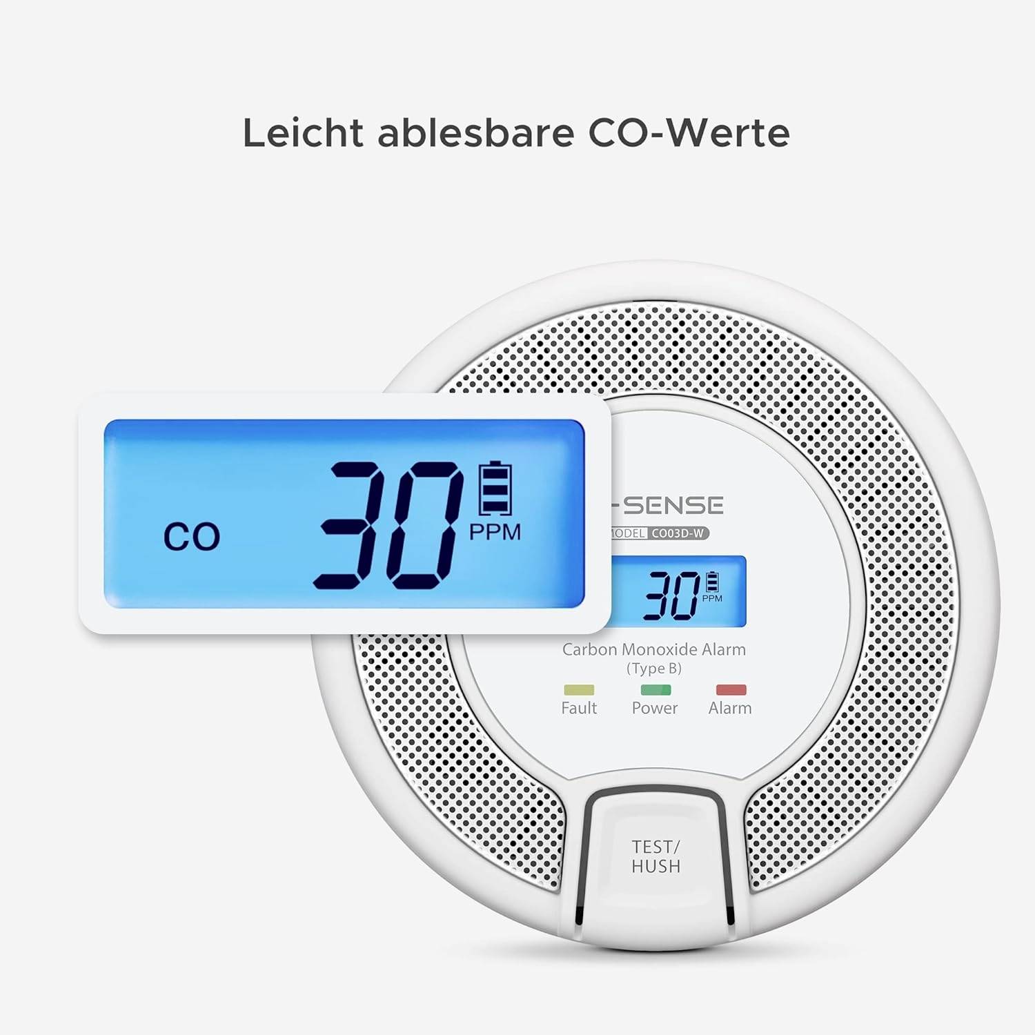 Detektor oxidu uhoľnatého s digitálnym displejom, zobrazuje 'CO 30 PPM'. Text: 'Ľahko čitateľné hodnoty CO'. Zariadenie má tlačidlo testu/stlmenia.
