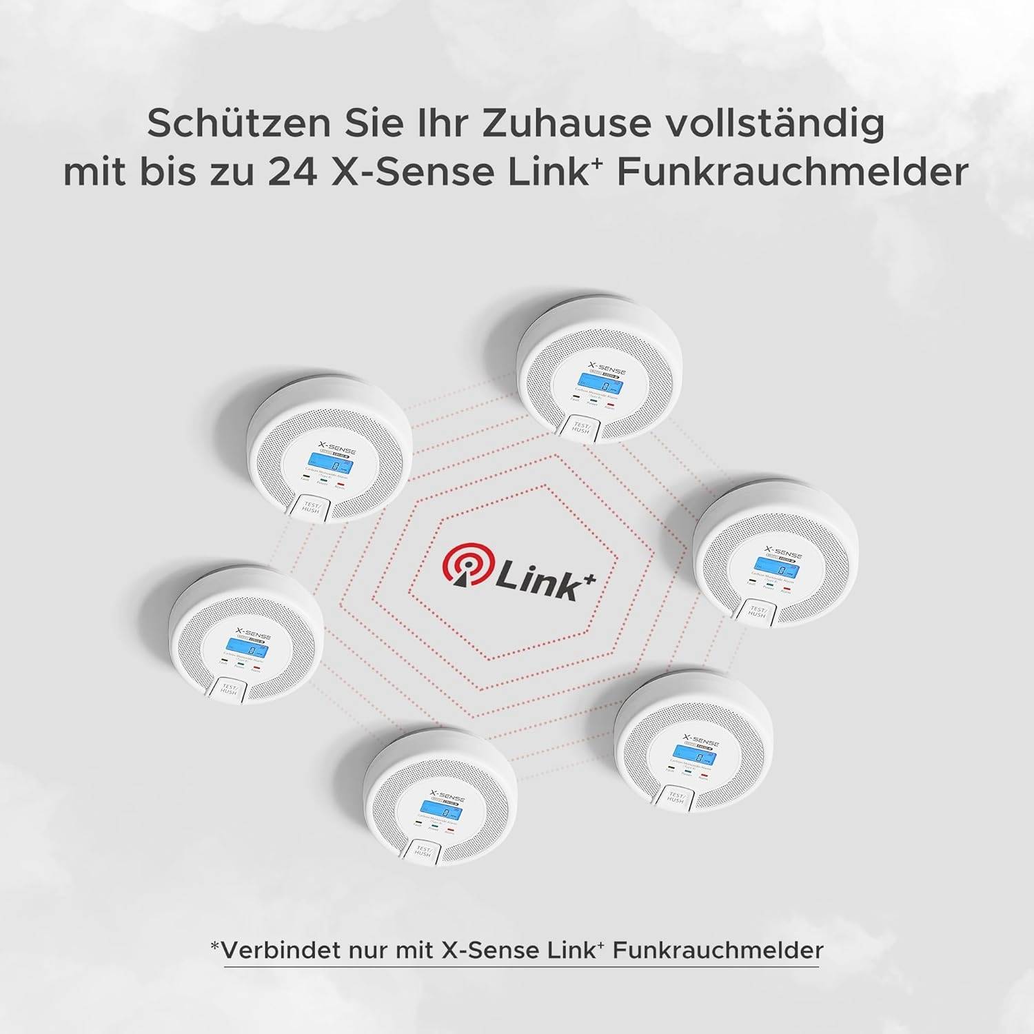 Šesť prepojených detektorov dymu v šesťuholníkovom usporiadaní. Text: 'Chráňte svoj domov až s 24 bezdrôtovými detektormi dymu X-Sense Link'.
