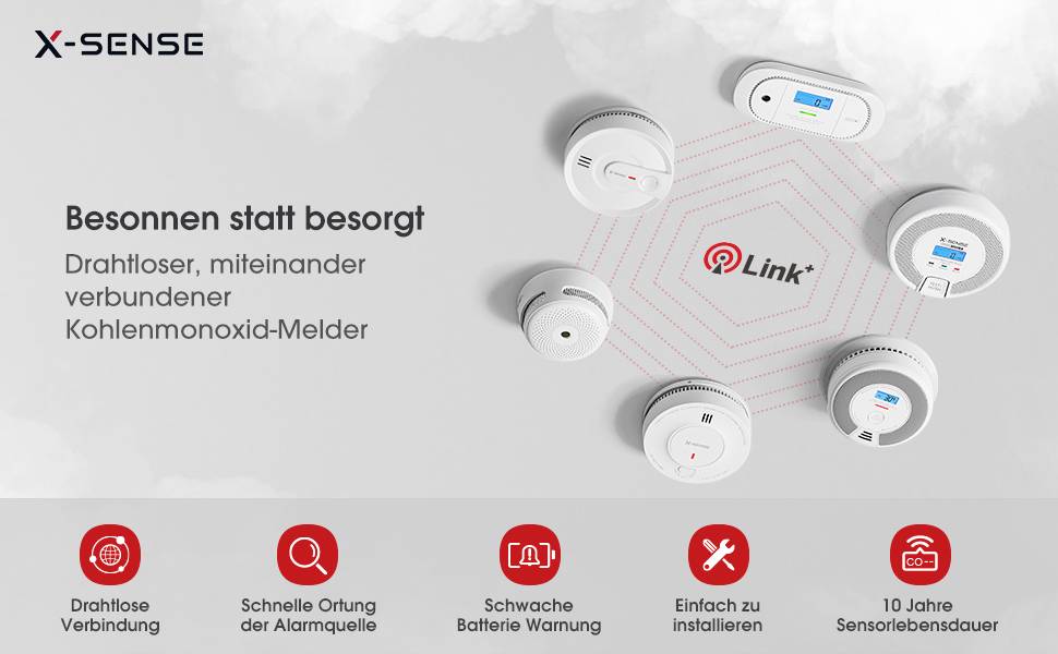 Bezdrôtové, prepojené detektory oxidu uhoľnatého od X-Sense s 10-ročnou životnosťou senzora. Rýchle výstražné hlásenie, jednoduchá inštalácia.