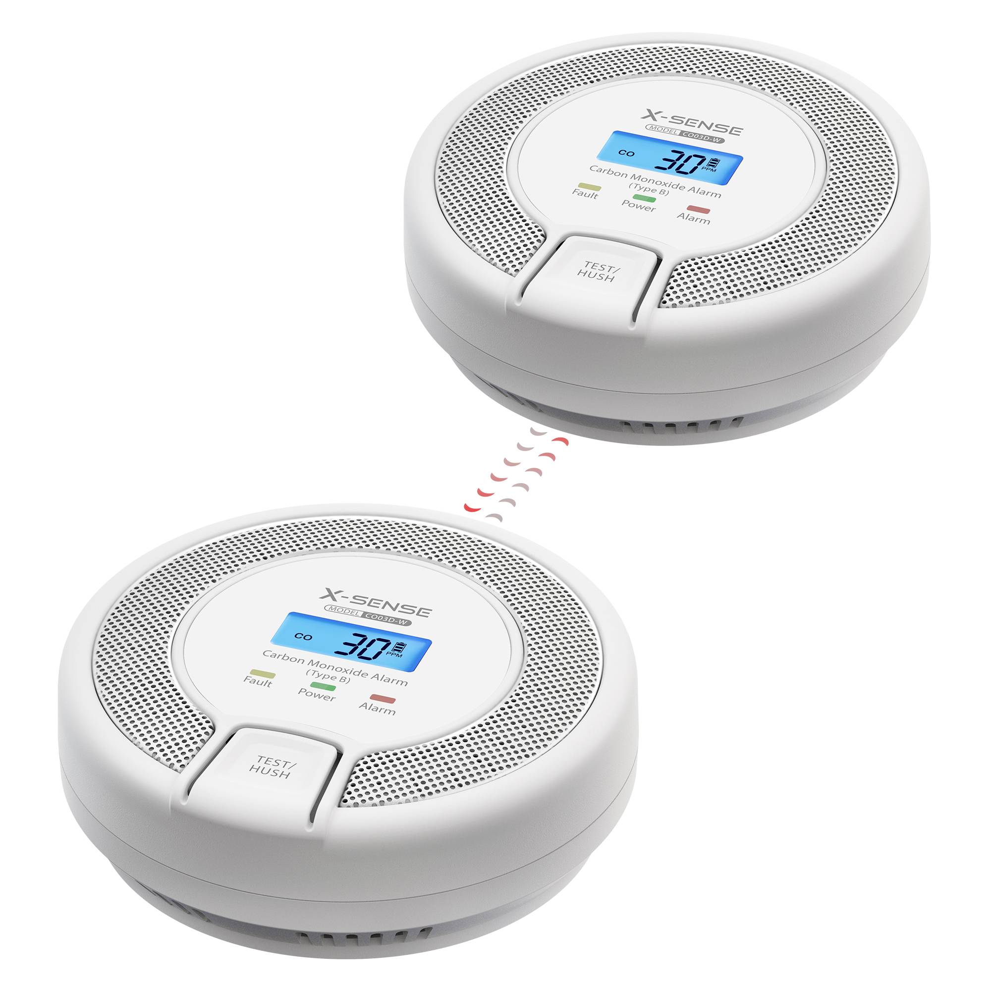 Detektory CO a dymu s digitálnymi LCD displejmi zobrazujú úroveň CO '30 PPM'. Indikačné svetlá pre napájanie, poruchu a poplach. Zobrazené bezdrôtové pripojenie.