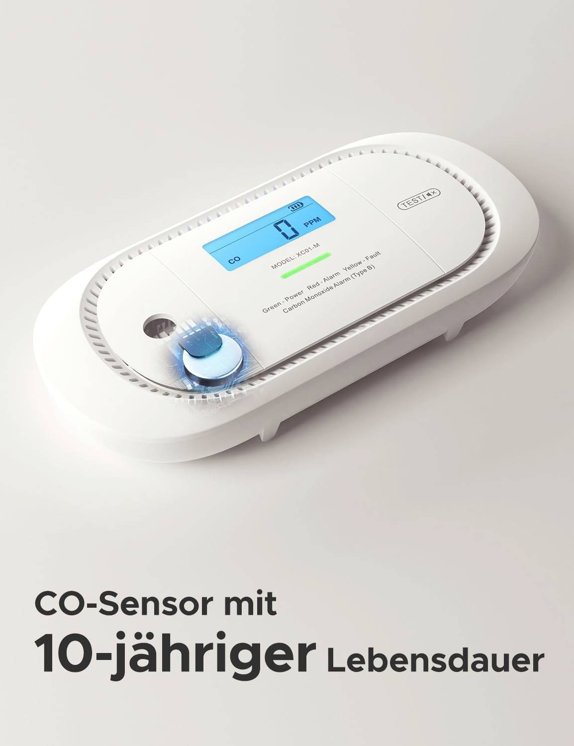CO-senzor s digitálnym displejom; Text na obrázku: 'CO-senzor s 10-ročnou životnosťou'.
